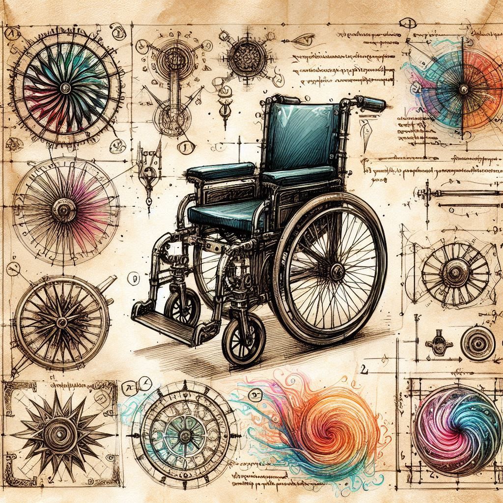 Designs for a magical wheelchair in the style of Leonardo da...