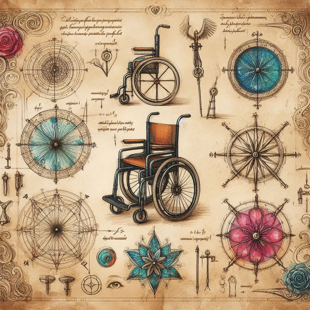 Designs for a magical wheelchair in the style of Leonardo da...