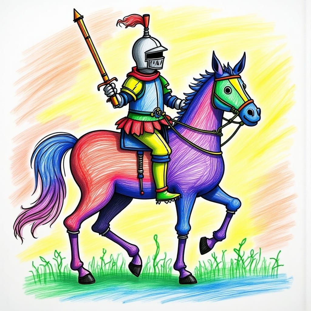 <lora:ChildhoodCrayon Flux:1.0> A knight in shining armor, detailed squiggly crayon drawing