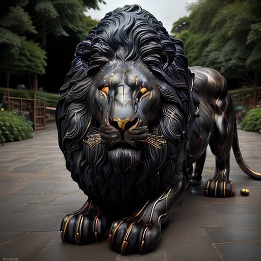 <lora:Noir Royale SD15:1.0> matte pitch black lion with golden highlights