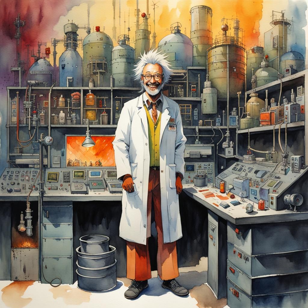 PORTRAIT GRINNING vibrant mad scientist, post apocalyptic CHAOTIC ...