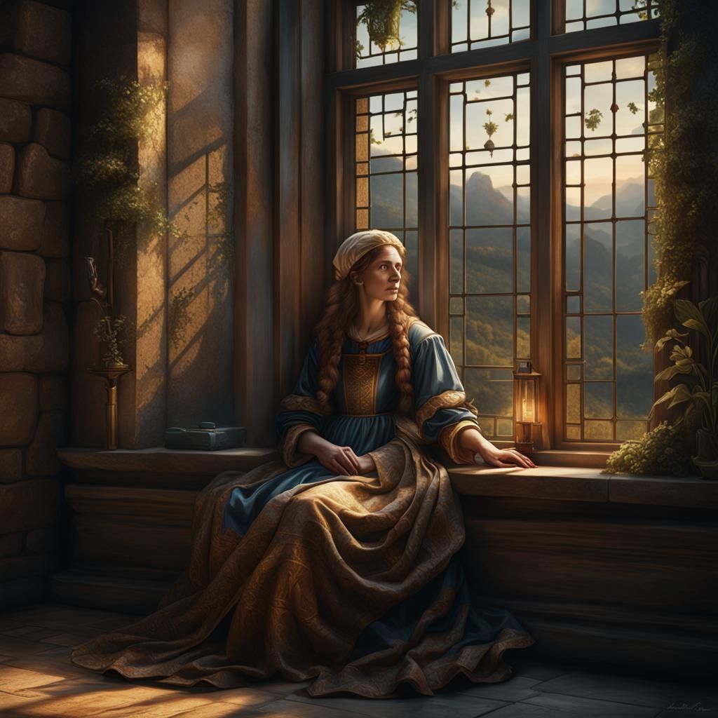Leonardo Da Vinci style portrait of a women sitting next to ...