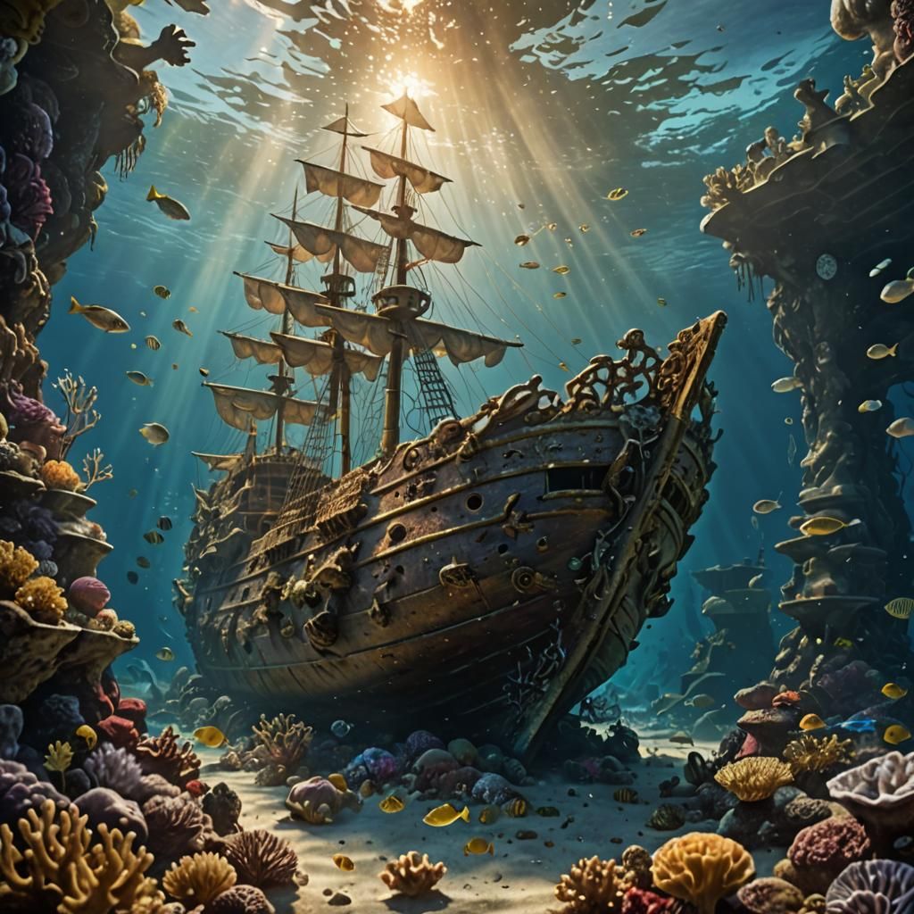 Sunken 1700s ship half buried in a reef with gold here and t...
