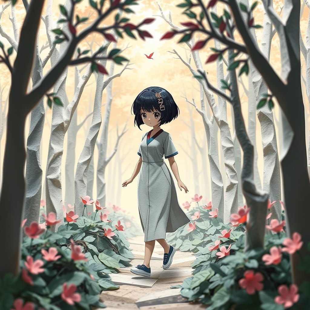 Origami Woman Walks in Anime Forest