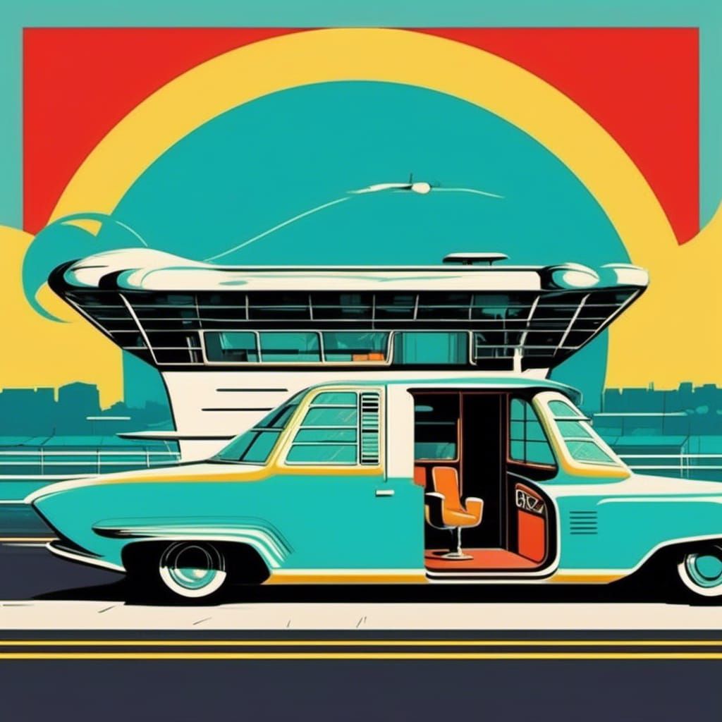 <lora:Retro Sci-Fi Utopia:0.6>
Liminal space type retrofuturistic Googie style exterior. Vintage Pop Art.