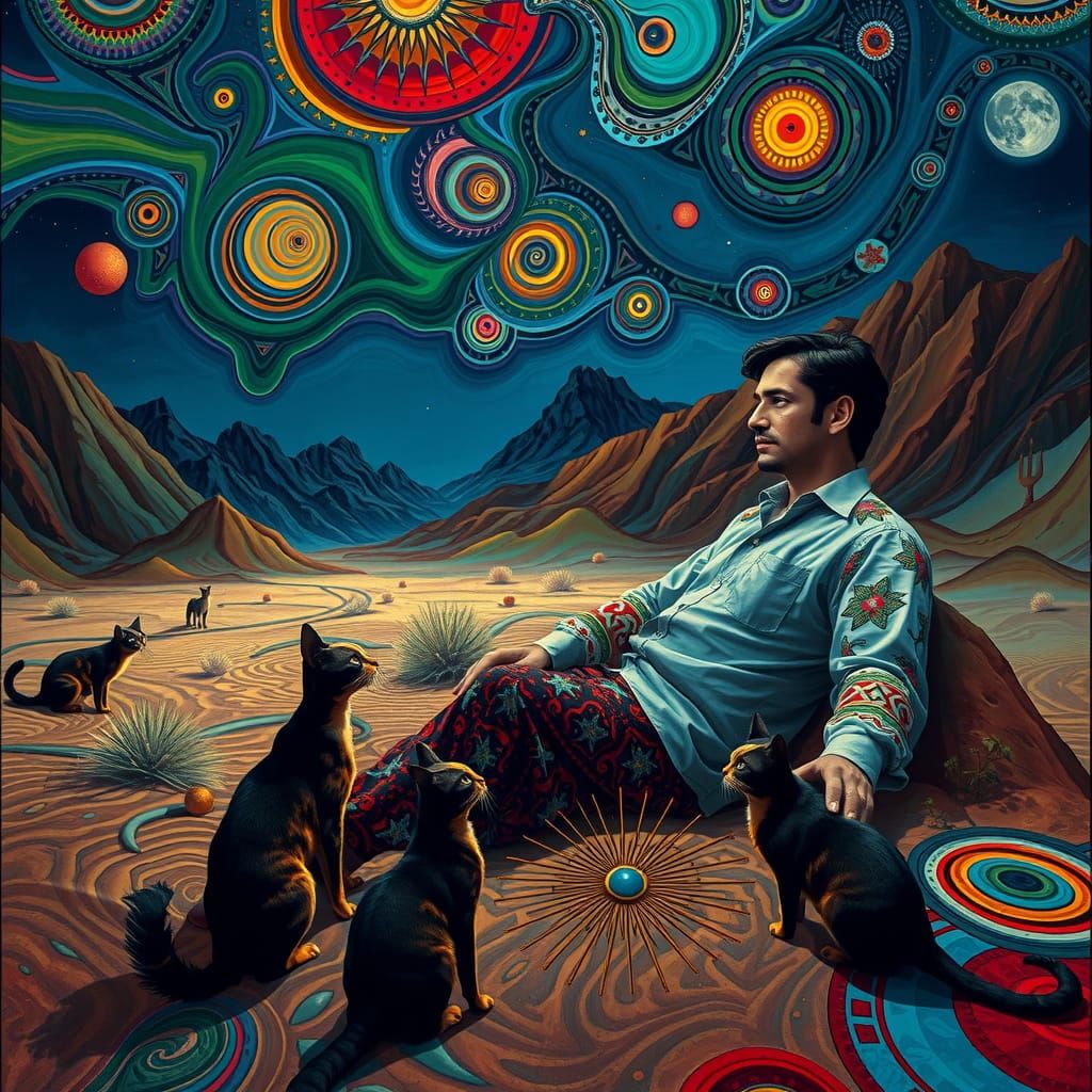 Surreal Desert Scene with Cats in Salvador Dali Style