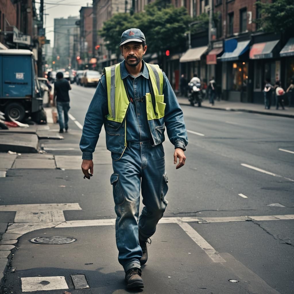 Hitchhiking Street Cleaner in Gritty Realism Style