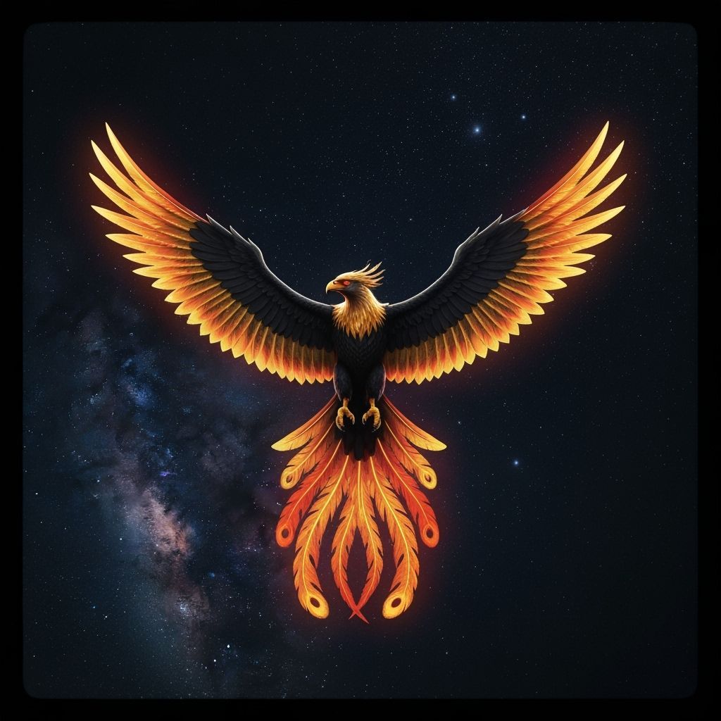 A phoenix in flight against a vast, star-filled sky