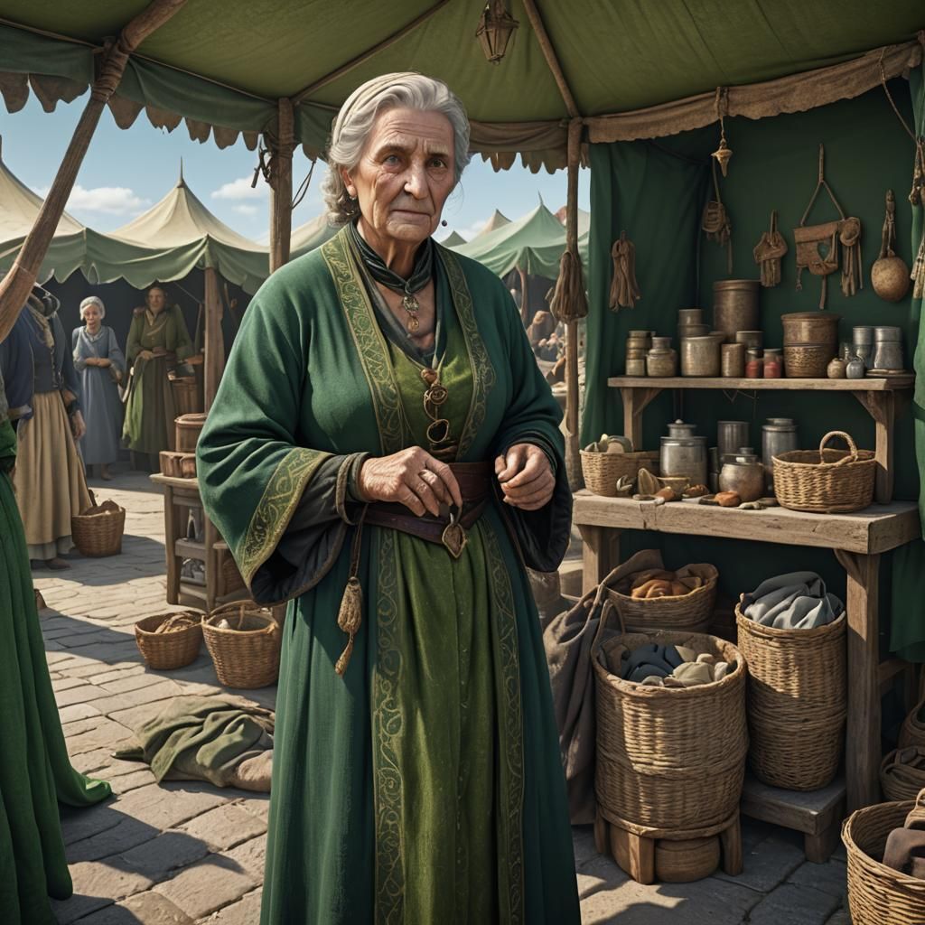 Medieval older lady shopkeeper in a green dress at  a Seasid...