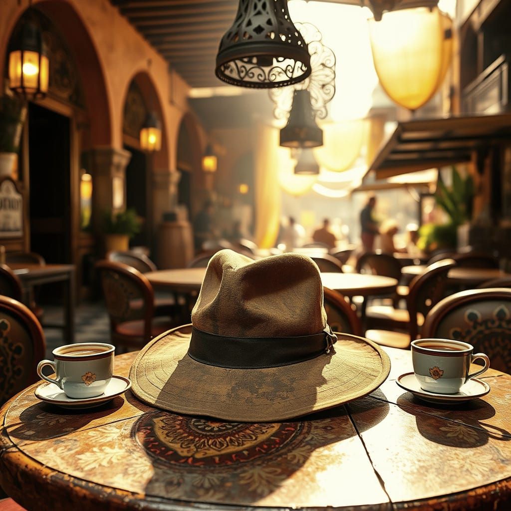 Indiana Jones's iconic hat sitting on a wooden table in a café in a middle-eastern country  by @Dantonio