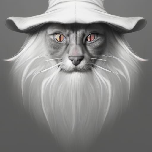 a realistic cat with a long white beard and a Gandalf hat he...