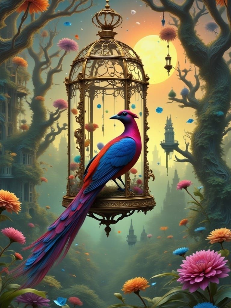 <lora:BLUEBIRD MILLENNIUM:1.0>
UKIO-E AN ANTIQUE RED PEACOOK INSIDE A FILIGREE GEORGIAN-STYLE CAGE, COLOURFUL-FLOWERED CREATION, 
3D FRACTAL...