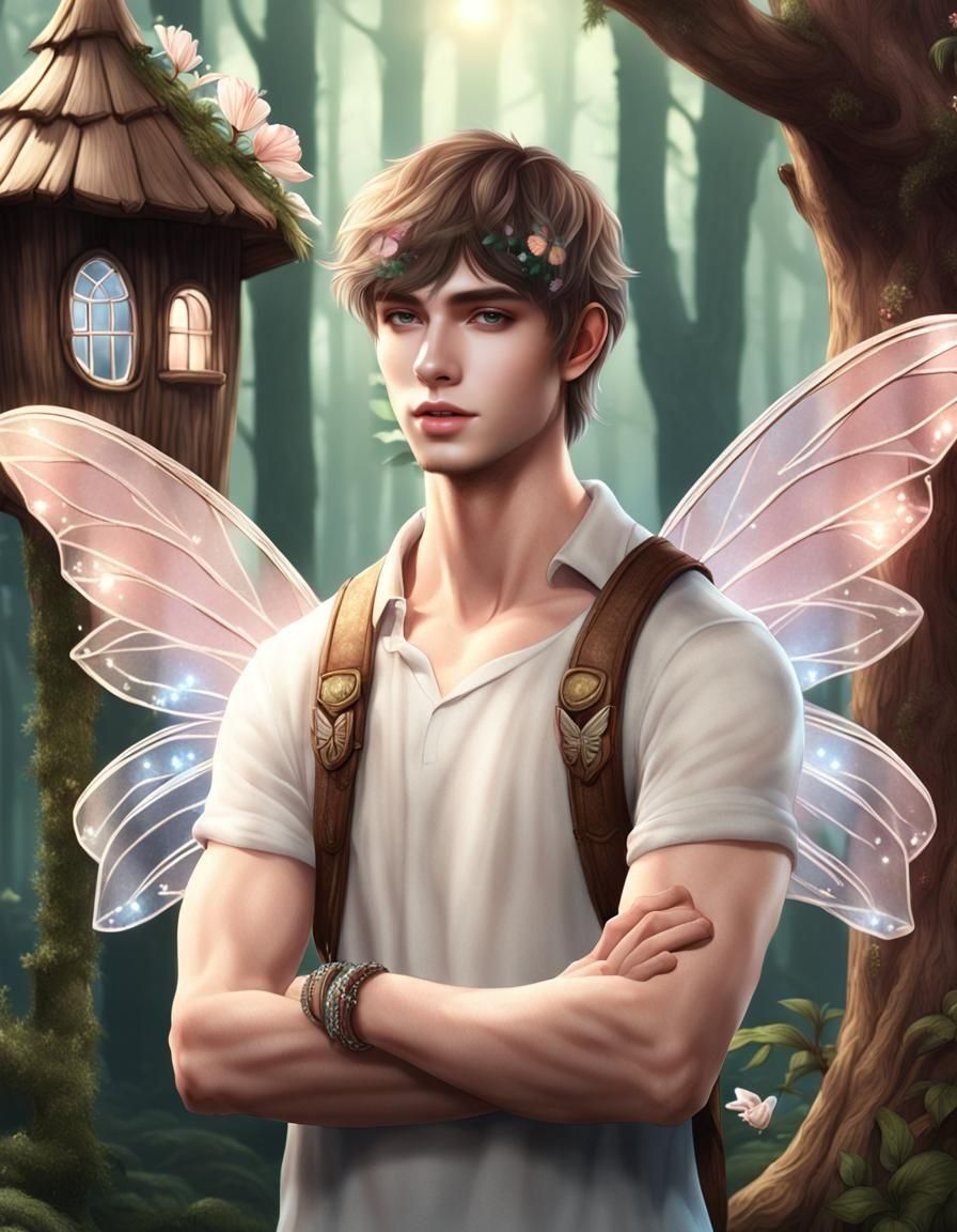 Fairy, man very handsome, pale skin, diamond face, bangs, bracelet ...