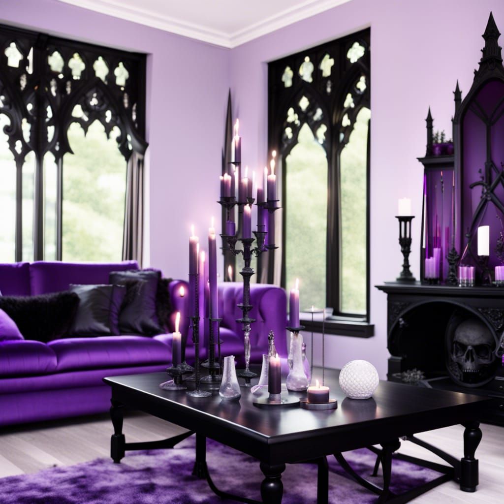 Ethereal gothic living room with black walls& black gothic windows with ...