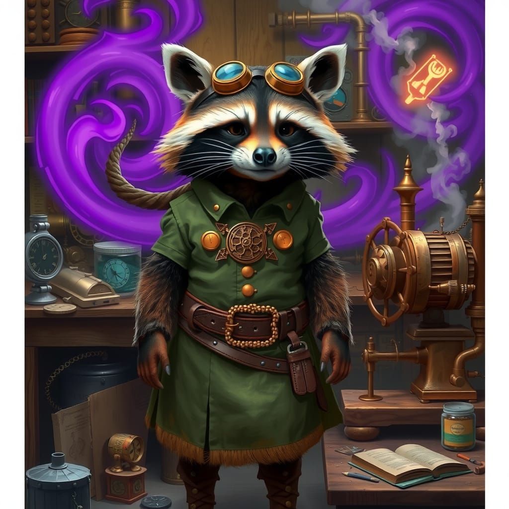 raccoon artificer wearing a green kilt and surrounded by a p...