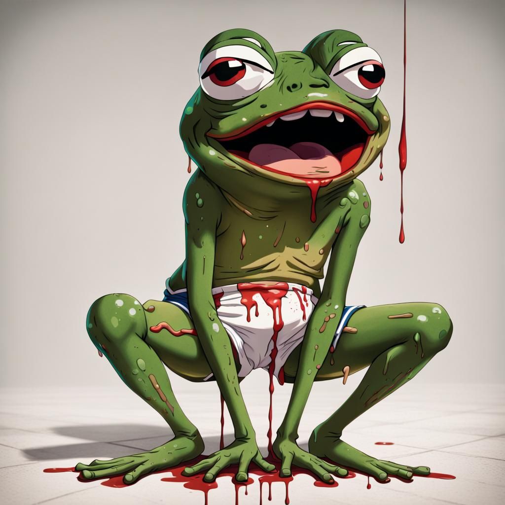 Pepe the frog on hands and knees crying and bleeding. His sh...