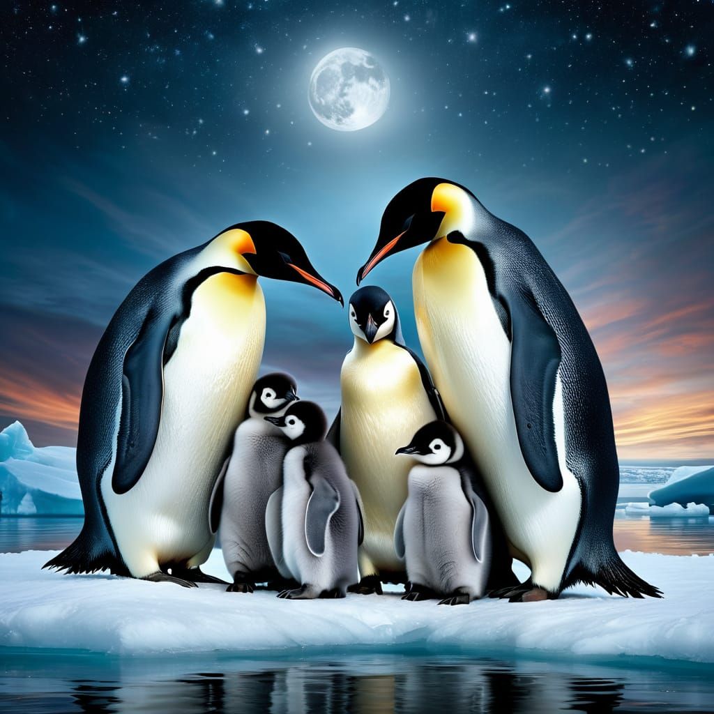 Emperor penguins on the ice with their babies