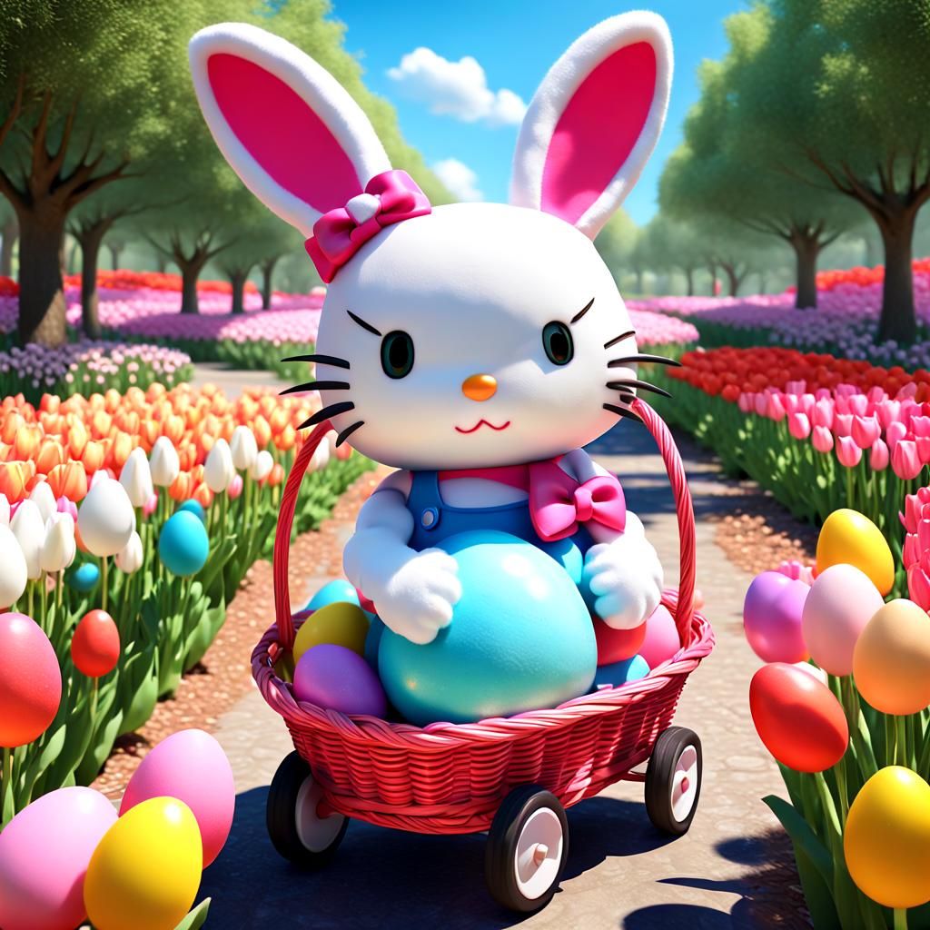 bunny , carrying a basket full of colorful plastic eggs. in a garden full of tulip's in rows of different...