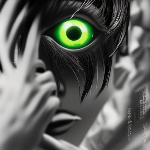 hyperzoom in one green eye of a hottest bad girl, im cyberpu...