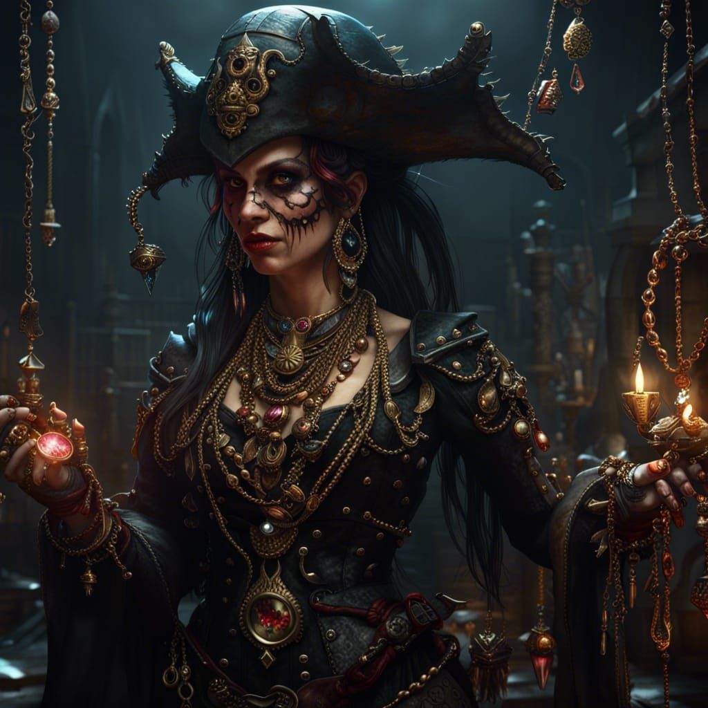 Pretty gothic cursed demon pirate woman with many jewellery - AI ...