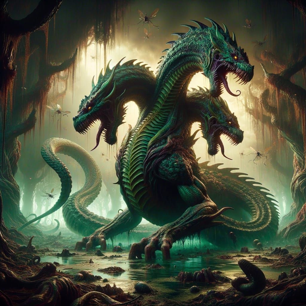 Mighty huge three headed hydra monster eating an animal, green with thick skales and strong body and clawed feet, huge tail with a fish like...