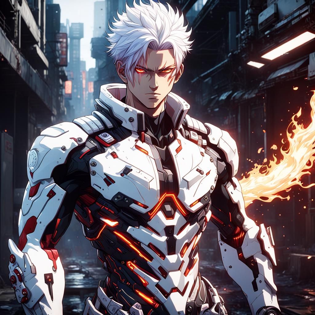 Insanely detailed Cyberpunk Shouto Todoroki, half red hair and half