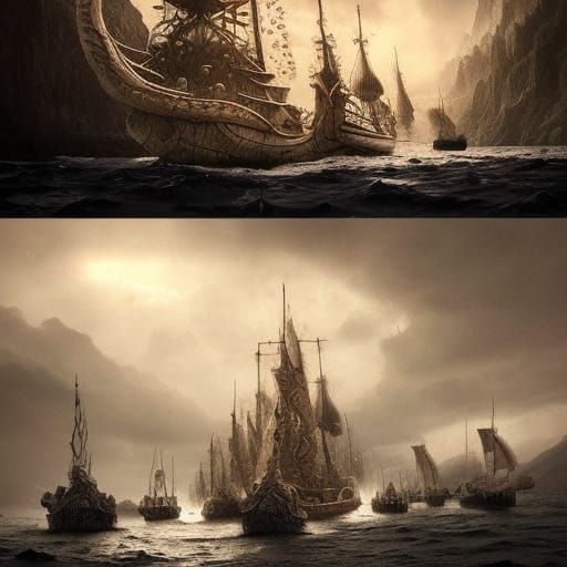 Epic Viking Ships on Shore: Digital Matte Painting