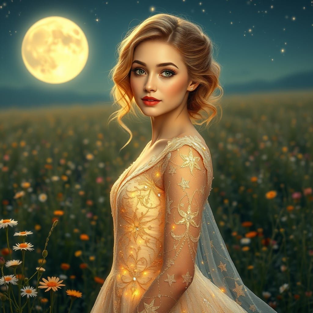 A breathtakingly beautiful woman stands gracefully in a field of wildflowers, wearing a stunning, ornate ...  by @MSlough 