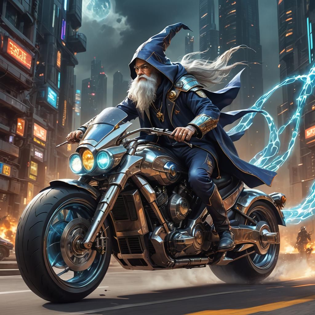 A wizard riding a futuristic motorcycle.