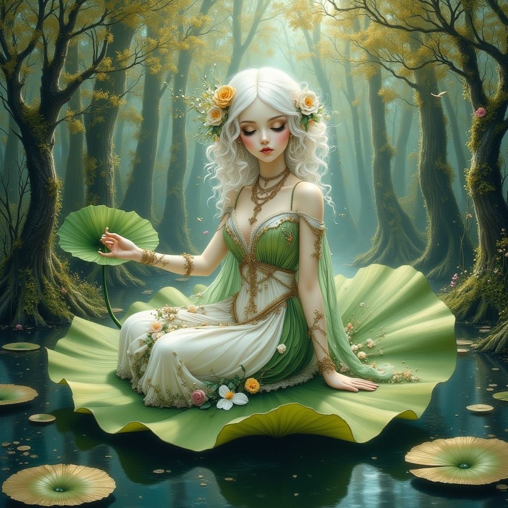 Woman Dancing on Lotus Leaf in Whimsical Style