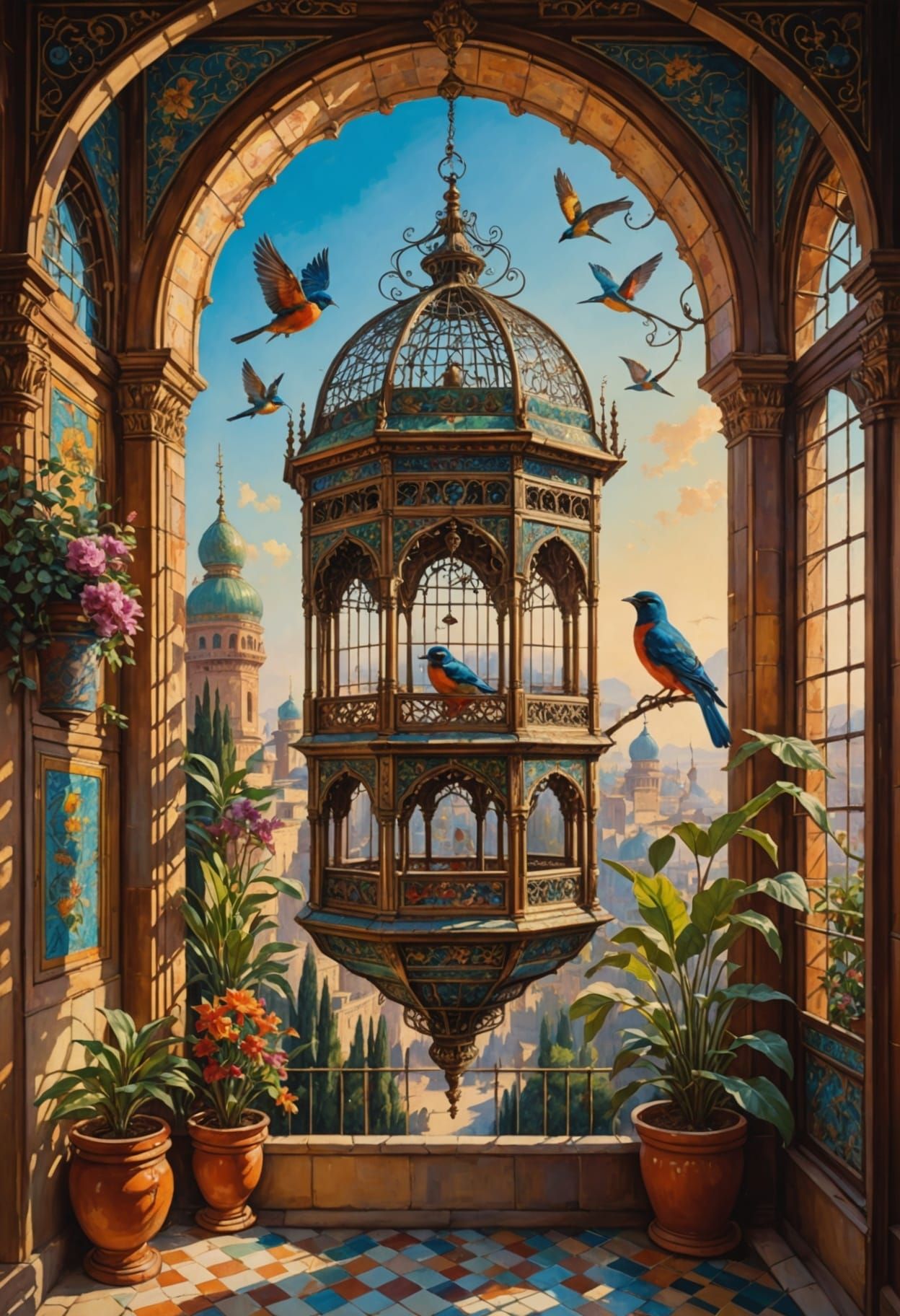 Oriëntal  open birdcage to feed the local birds.