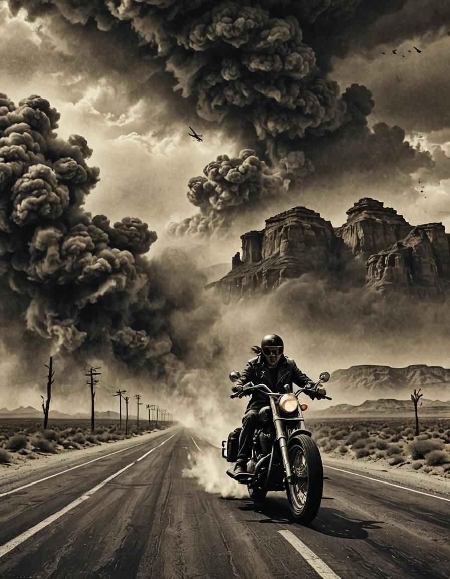 A gritty, black-and-white poster featuring a lone biker on a highway.