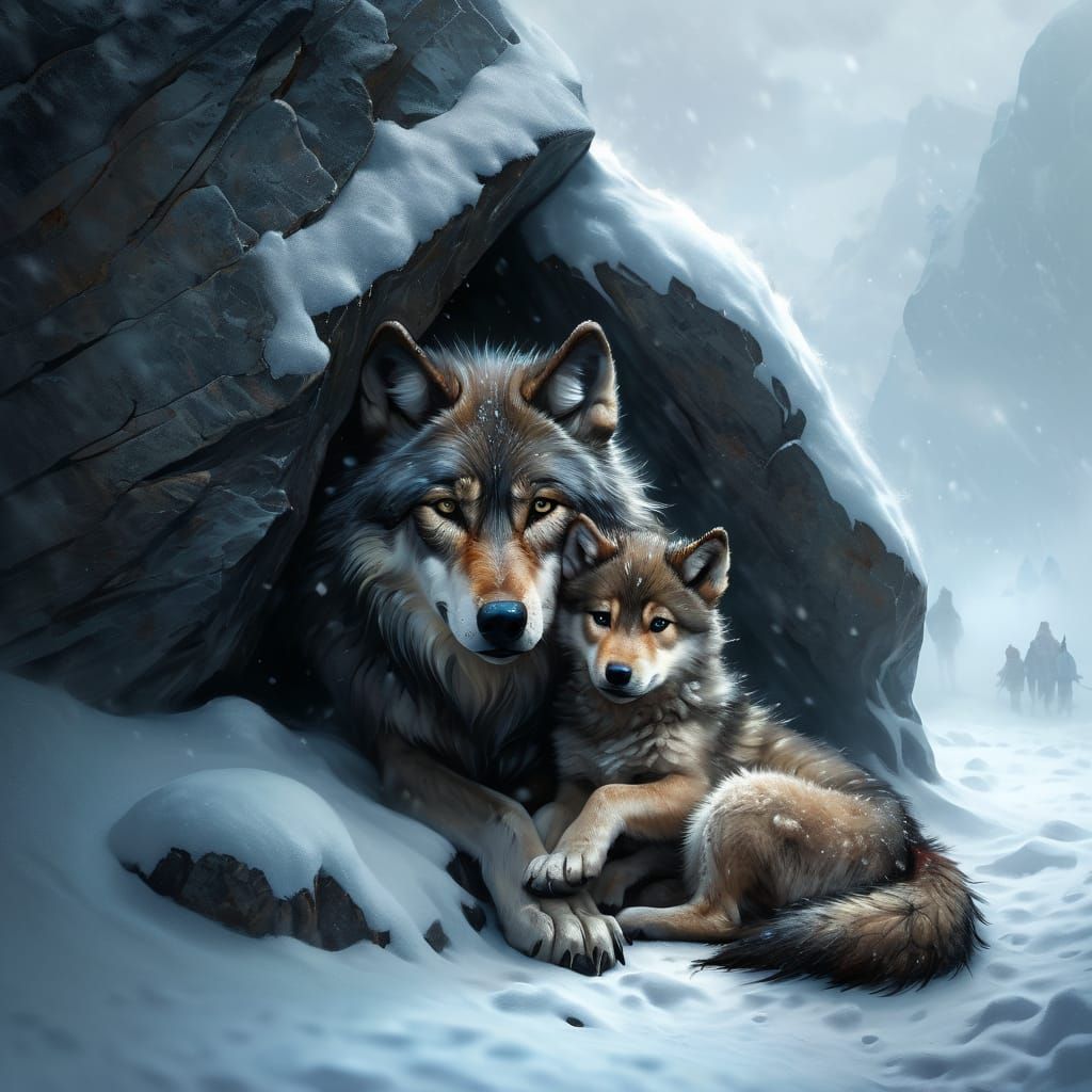 Wolf and cub in a Switzerland wintertime blizzard scene