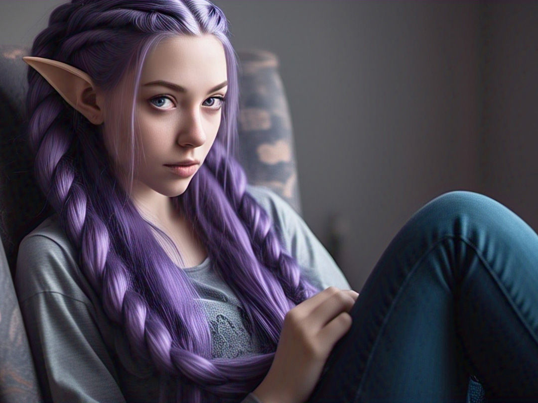 Purple Elf Sitting at Home