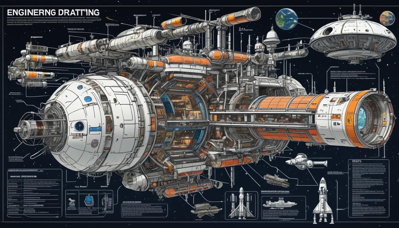 detailed engineering drawing of space station in space, color, an ...
