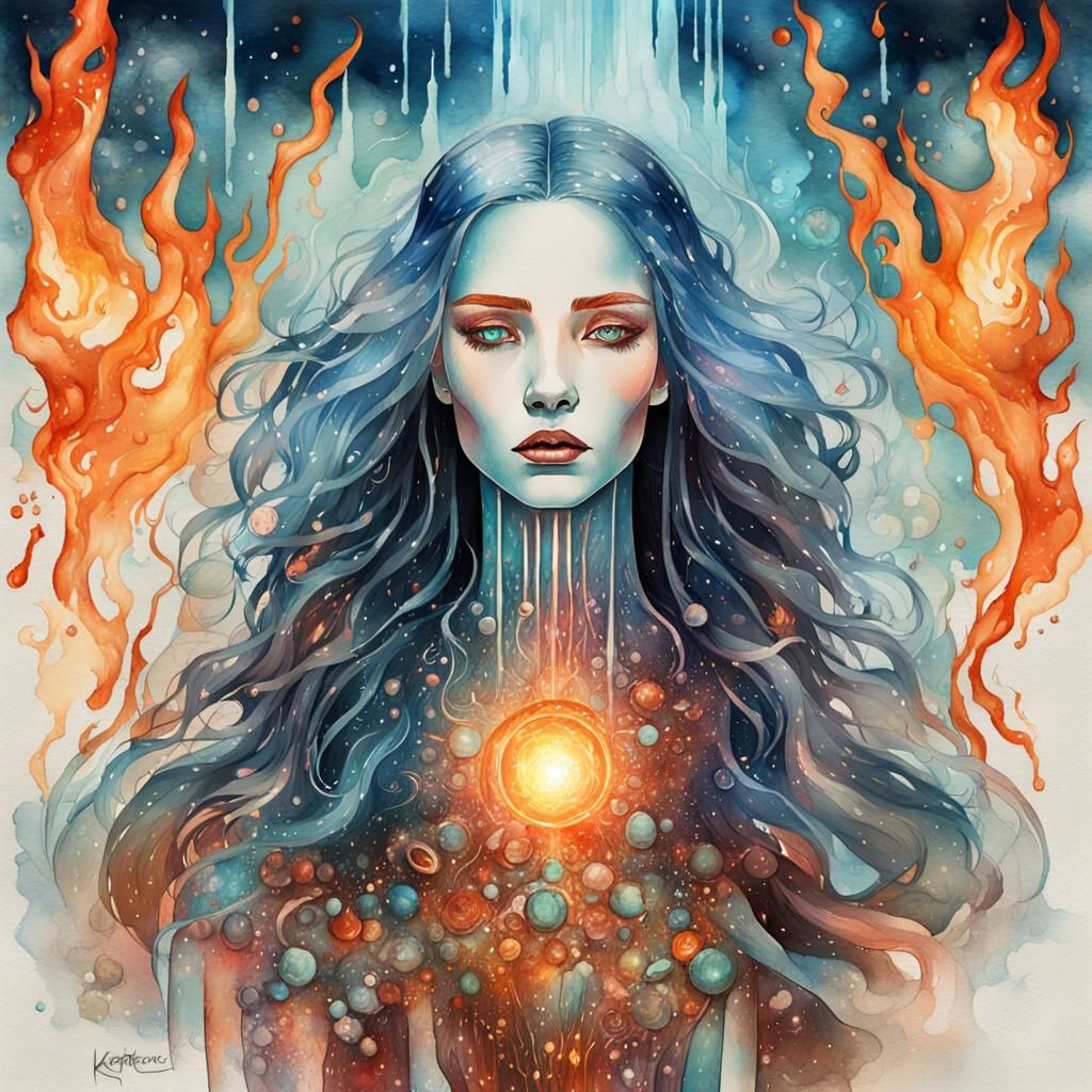 burning frozen glass porcelain metal wood liquid woman , she...