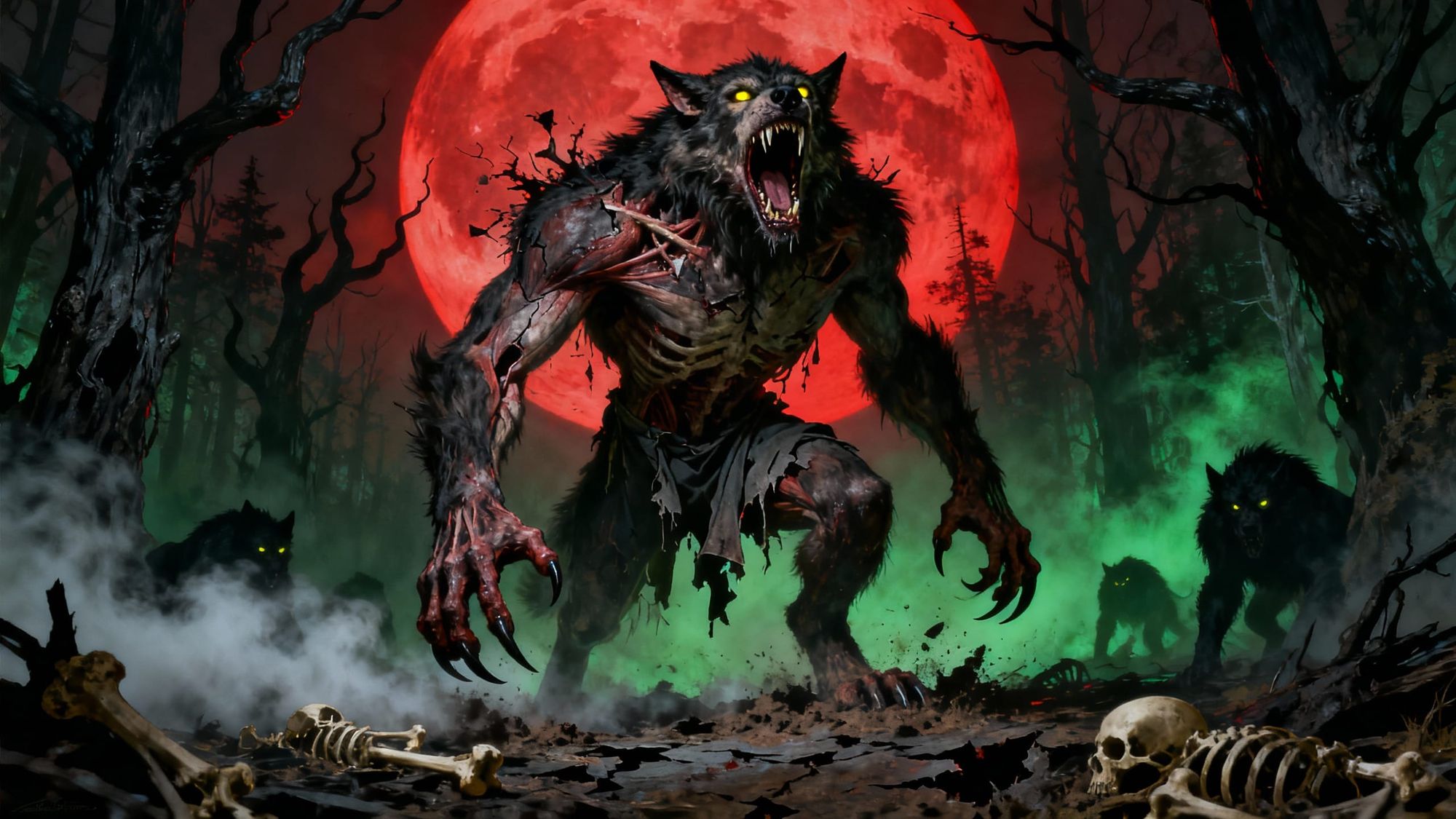 A massive werewolf in mid-transformation stands in a devastated forest clearing under a blood-red full moon, its form caught between human a...