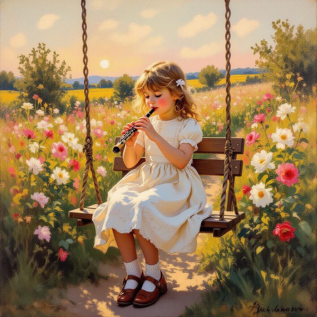 Girl on Swing in Rose Garden, Impressionistic Style