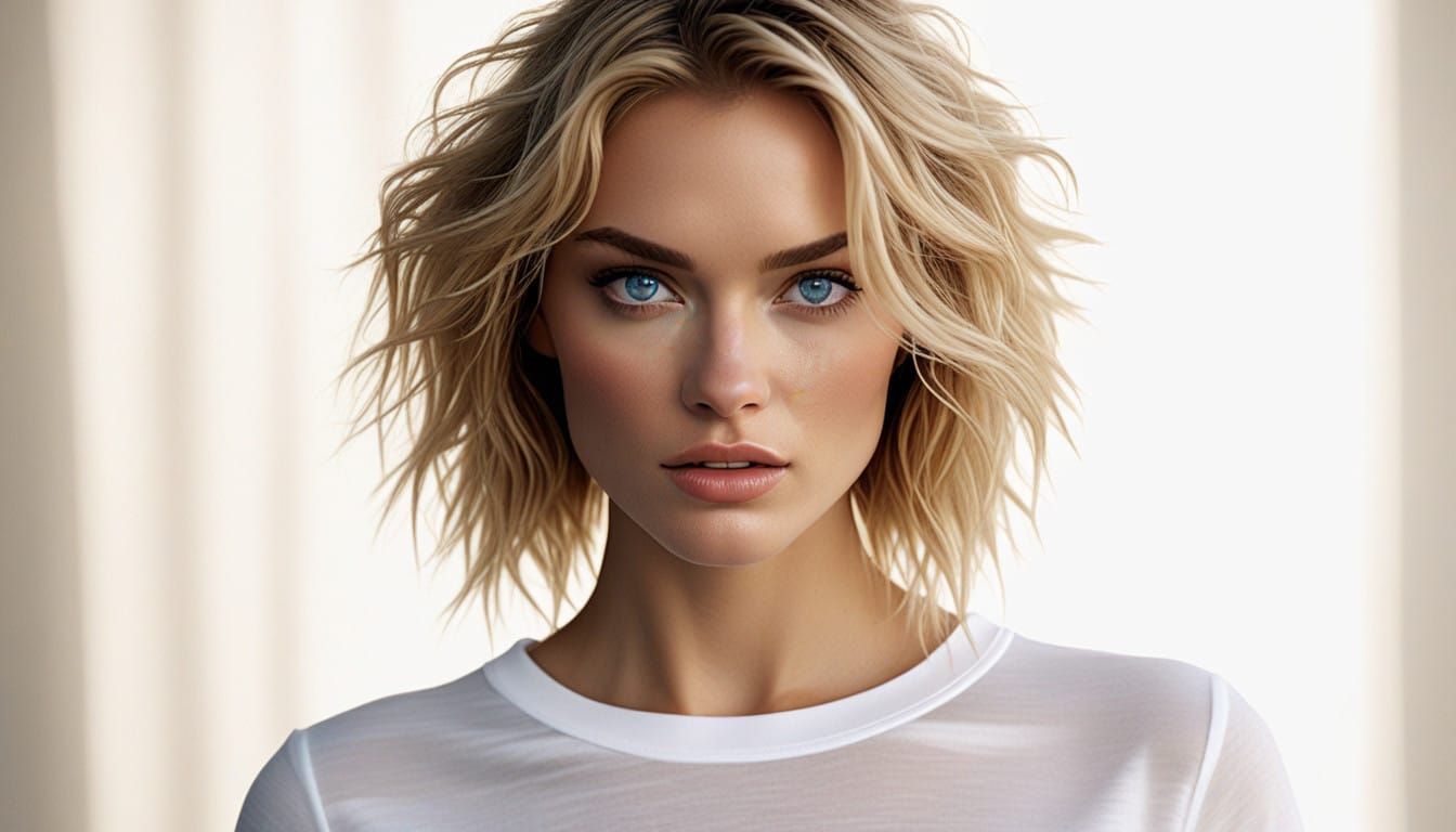 Charming Blonde Surprised in a Wet WOW T-Shirt