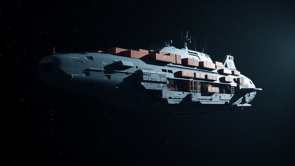 in deep black space, a toroid shaped spaceship freighter, lo...