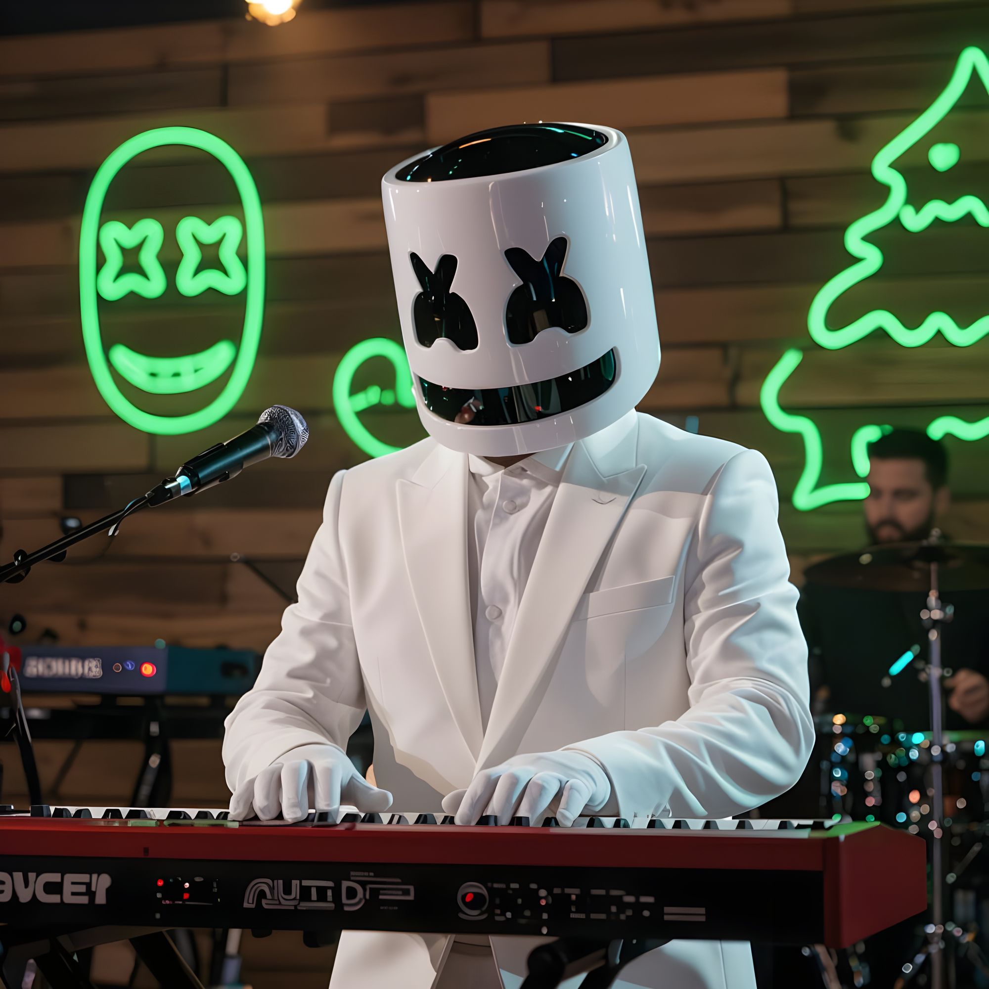 соеденить эти два изображения как будто идёт представление. Человек в белом костюме играет на сентезаторе, а дед Мороз танцует. - Start Image 2