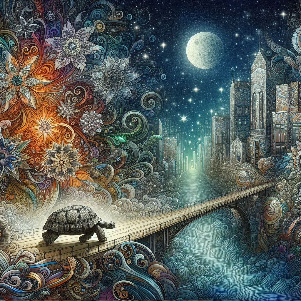 Fantasy Night Cityscape and Tortoise wandering though