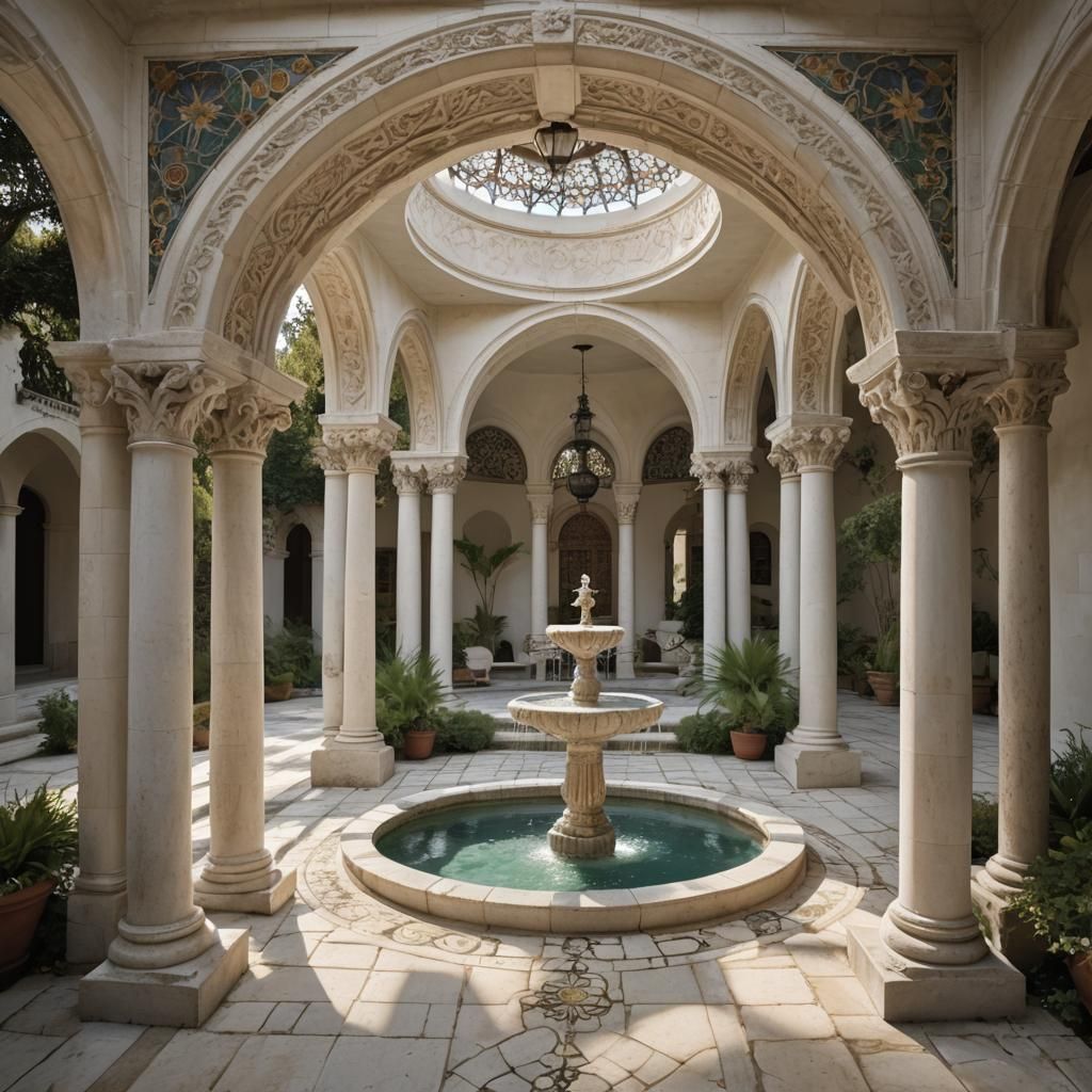 Design a courtyard fusing ancient greek, islamic, and english abbey architecture, made out of white limestone, shallow pool with fountain, b...