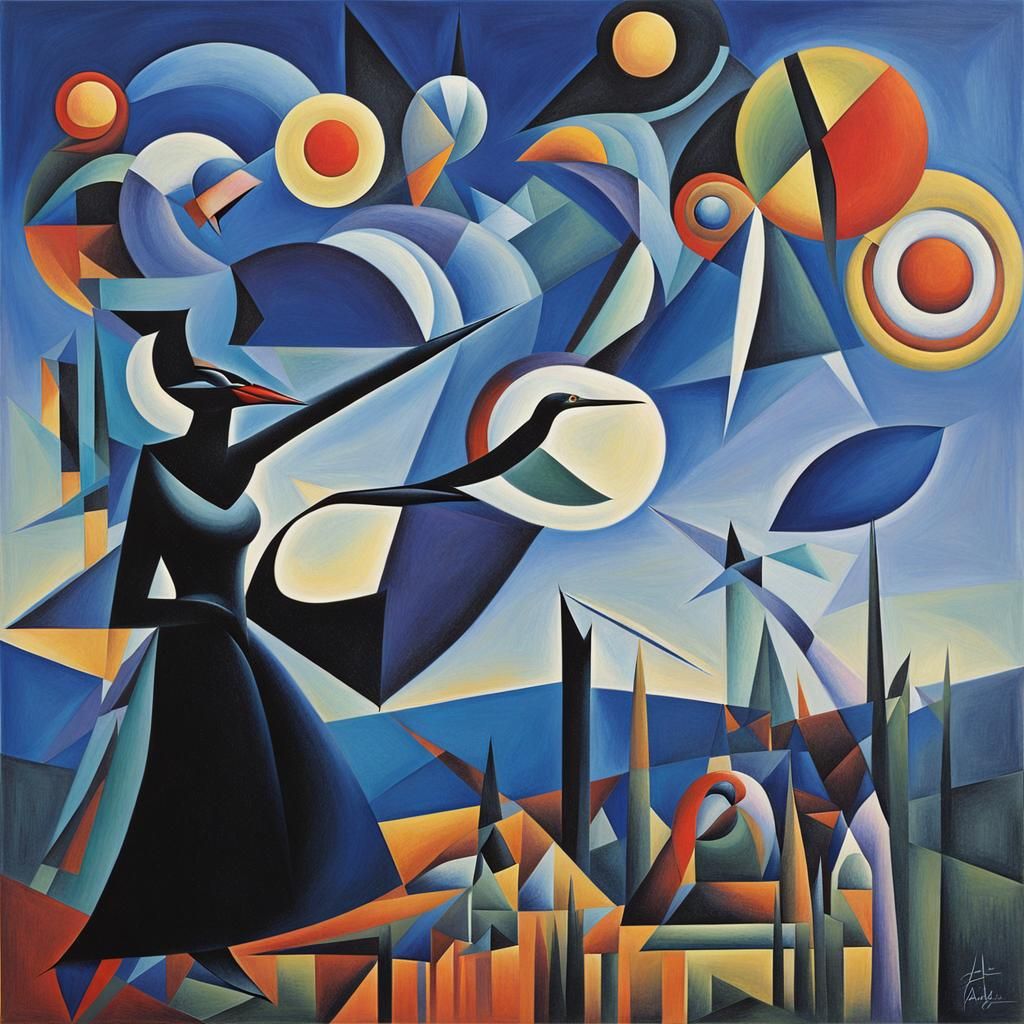 Black and Rainbow Thunderbird  Wild woman, abstract cubism E...