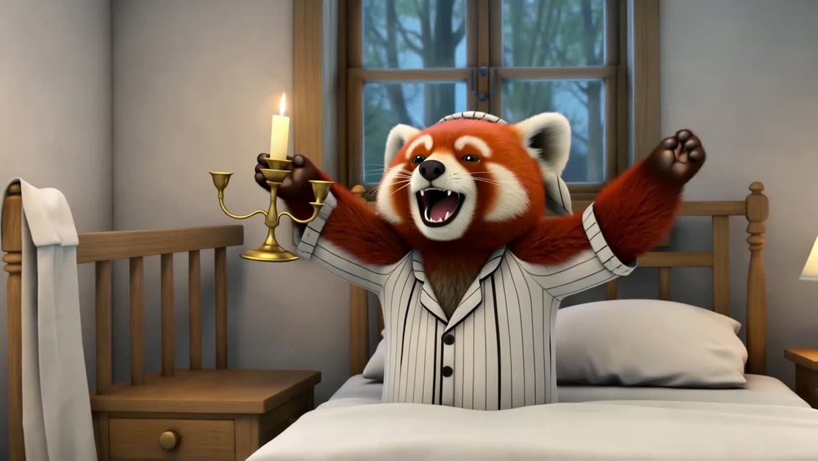 An anthromorphic Red panda,wearing a striped nightcap and nightgown, holding a candle in a candlestick holder, yawning a...