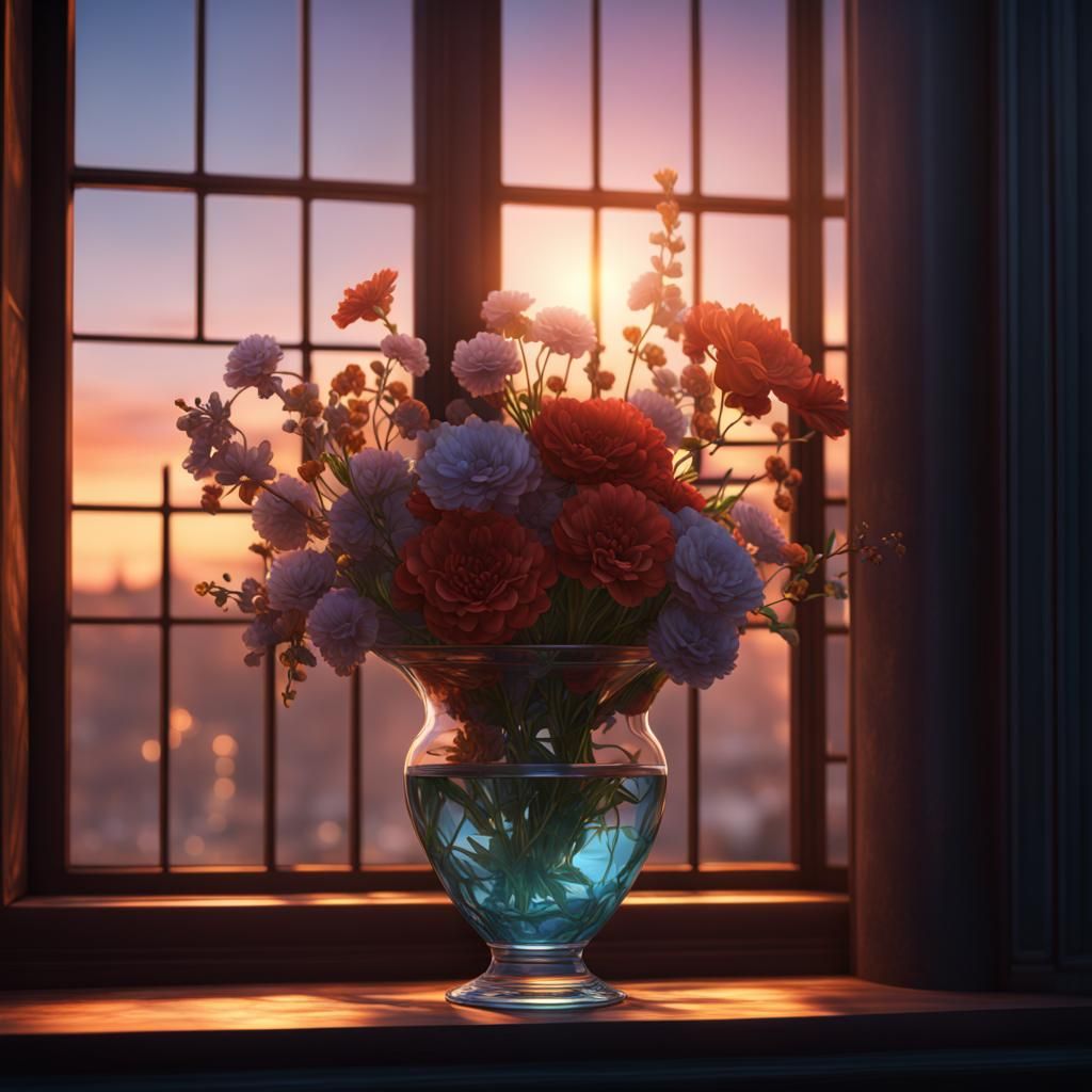 flowers in a glass vase sitting next to a window at sunset