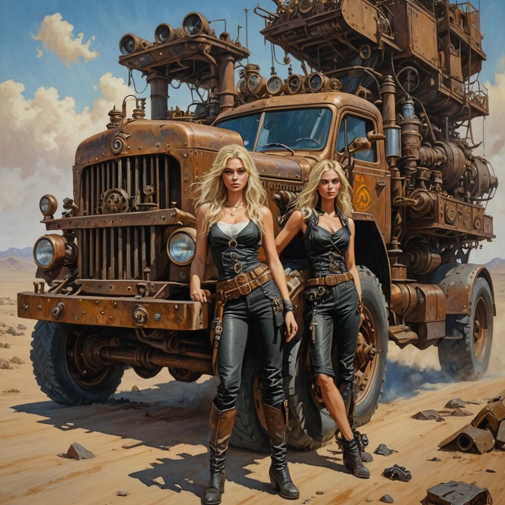 Beautiful blond girl with her steampunk truck,Mad Max scener...
