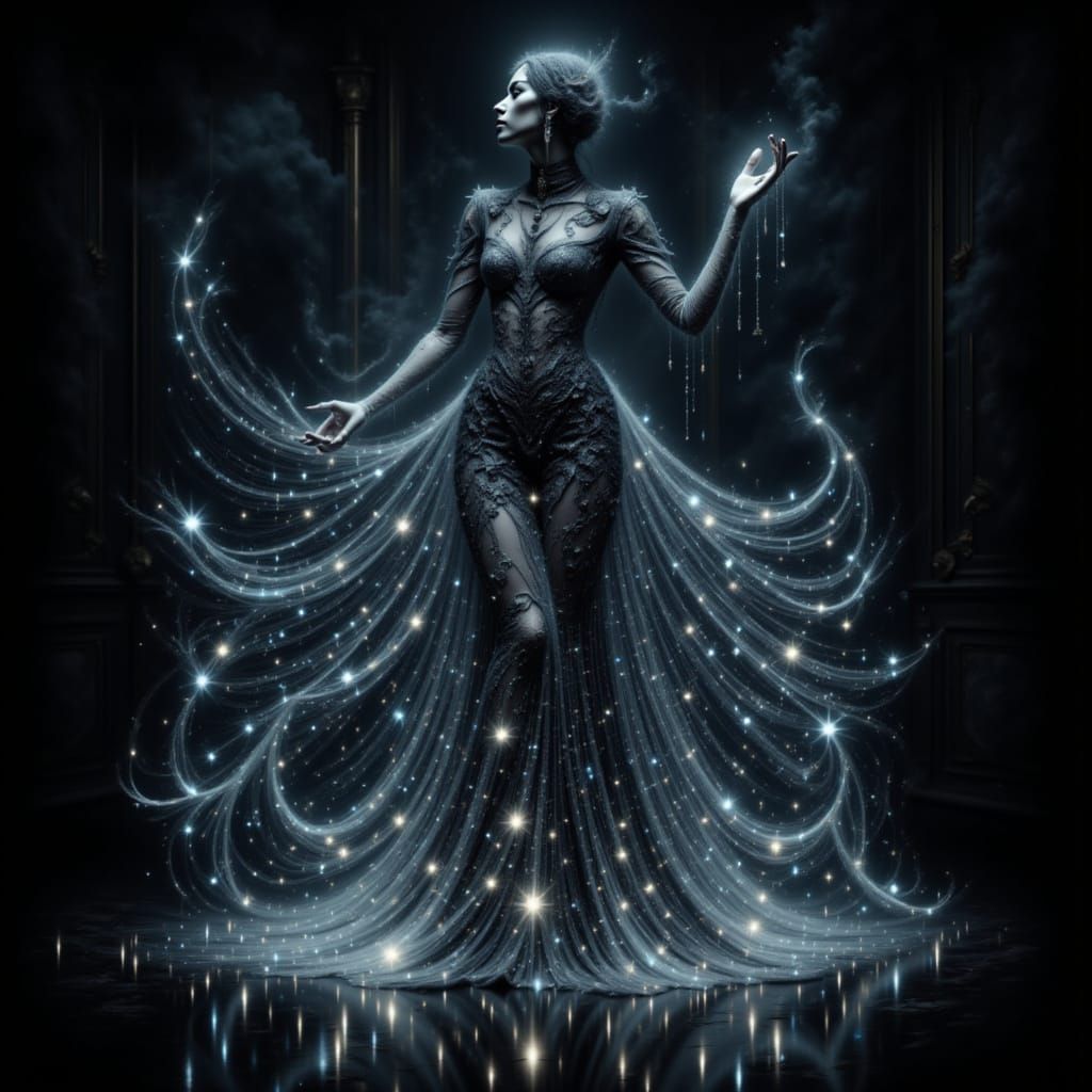 <lora:Darkspark Intensity:1.0> Glowing dynamic dancing spirit woman in a dark room in a Victorian dress, glowing ghost woman in a dark black...