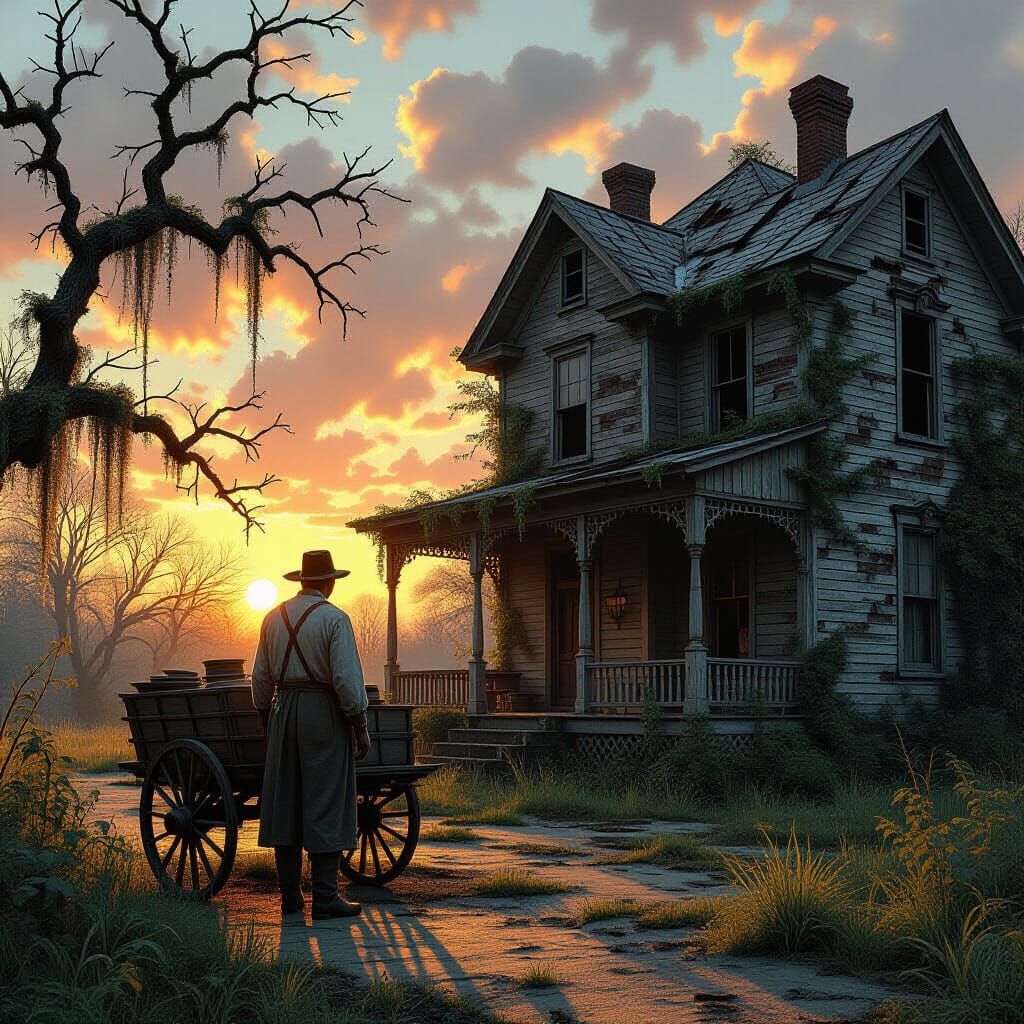 A lone, weathered salesman stands before a crumbling, vine-covered plantation house, his cart laden with ...  by @Sage