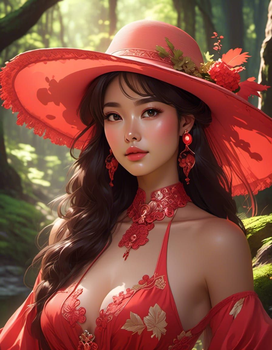 1woman closeup portrait floppy sunhat, blush, <lora:Animation:1.0>(subtractive lighting:1.8) vibrant forestscape, rocky backdrop elegant cut...
